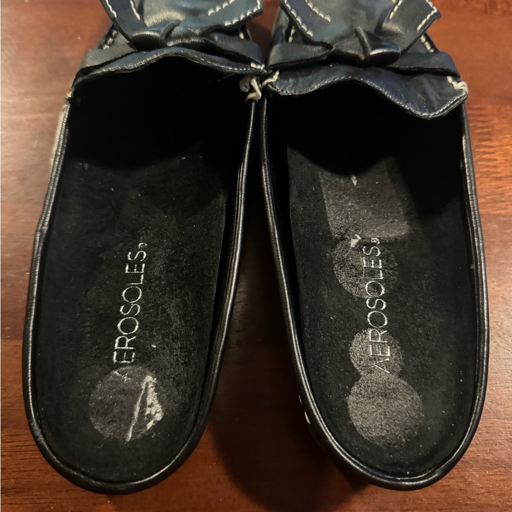 Areosoles Black Leather Mules Square Toe Bow White Stitching Comfort Shoe Sz 6 - Picture 4 of 9